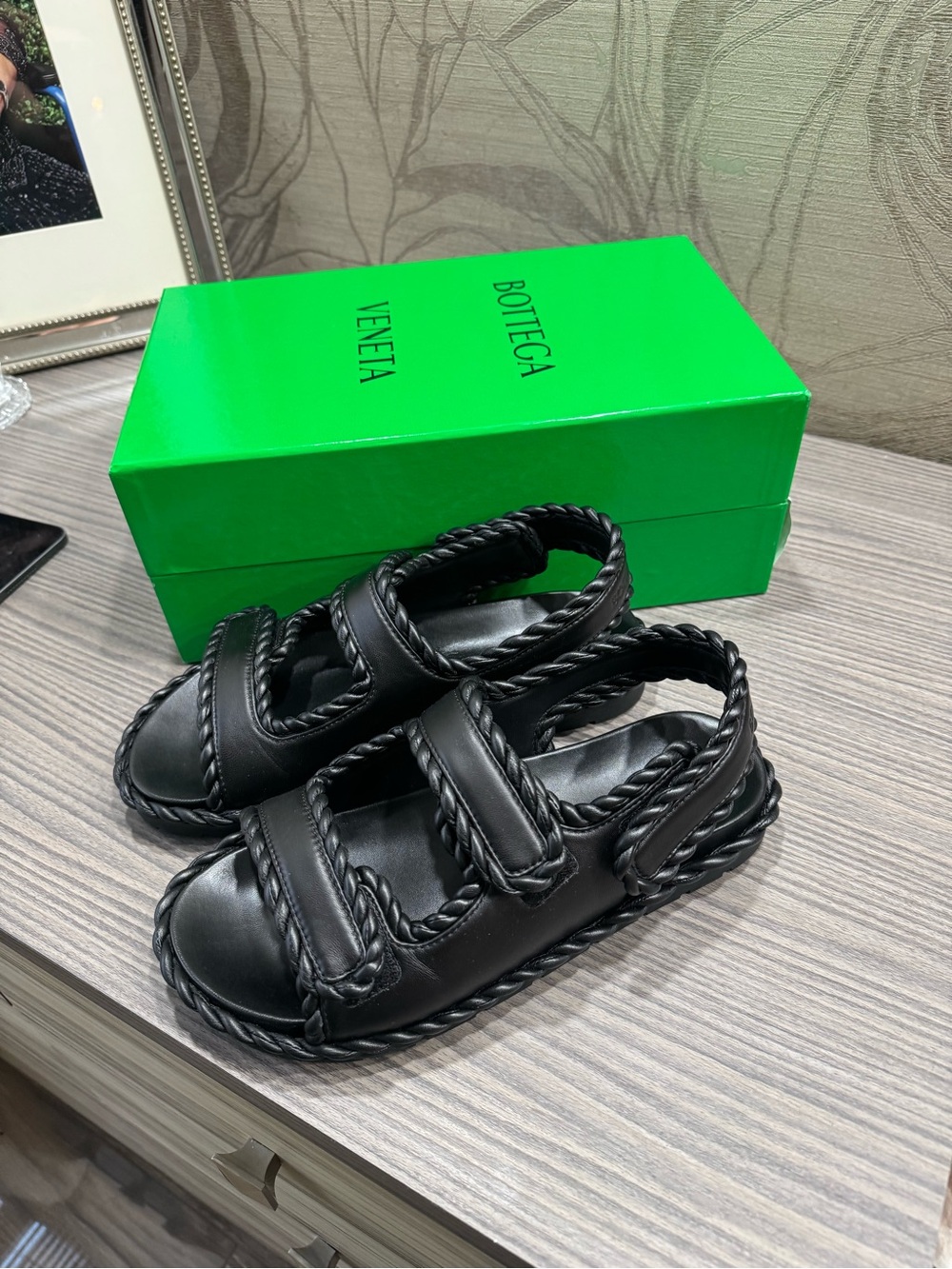 Bottega  Black Braided Leather Sandals